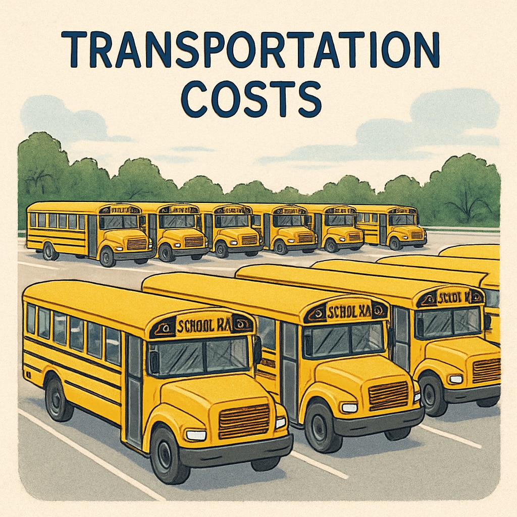 A fleet of yellow school buses parked in a lot, representing transportation costs in school budgets. School buses illustrating the role of transportation costs in district budgets and per-student spending.