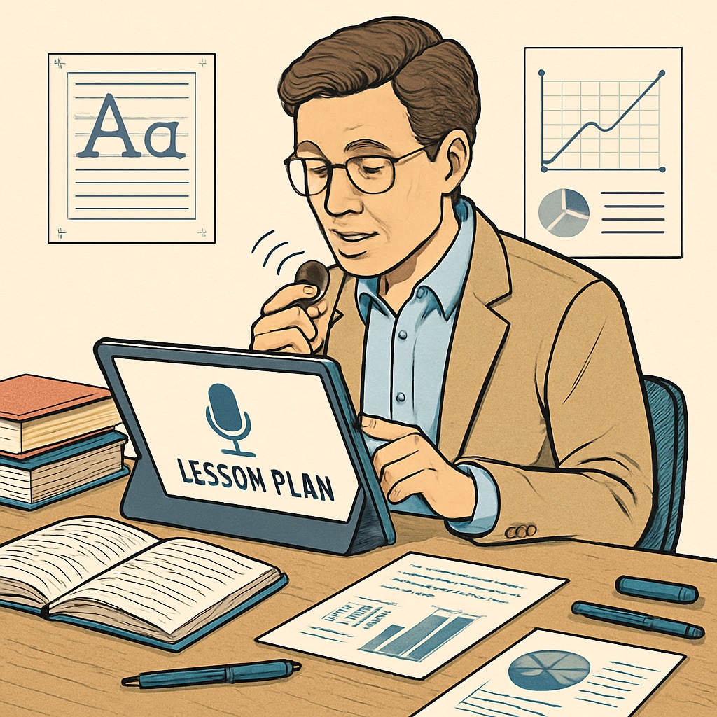 An educator using voice to text technology to create a lesson plan on a tablet, surrounded by educational materials. Educator creating lesson plans with voice to text technology in K12 education.