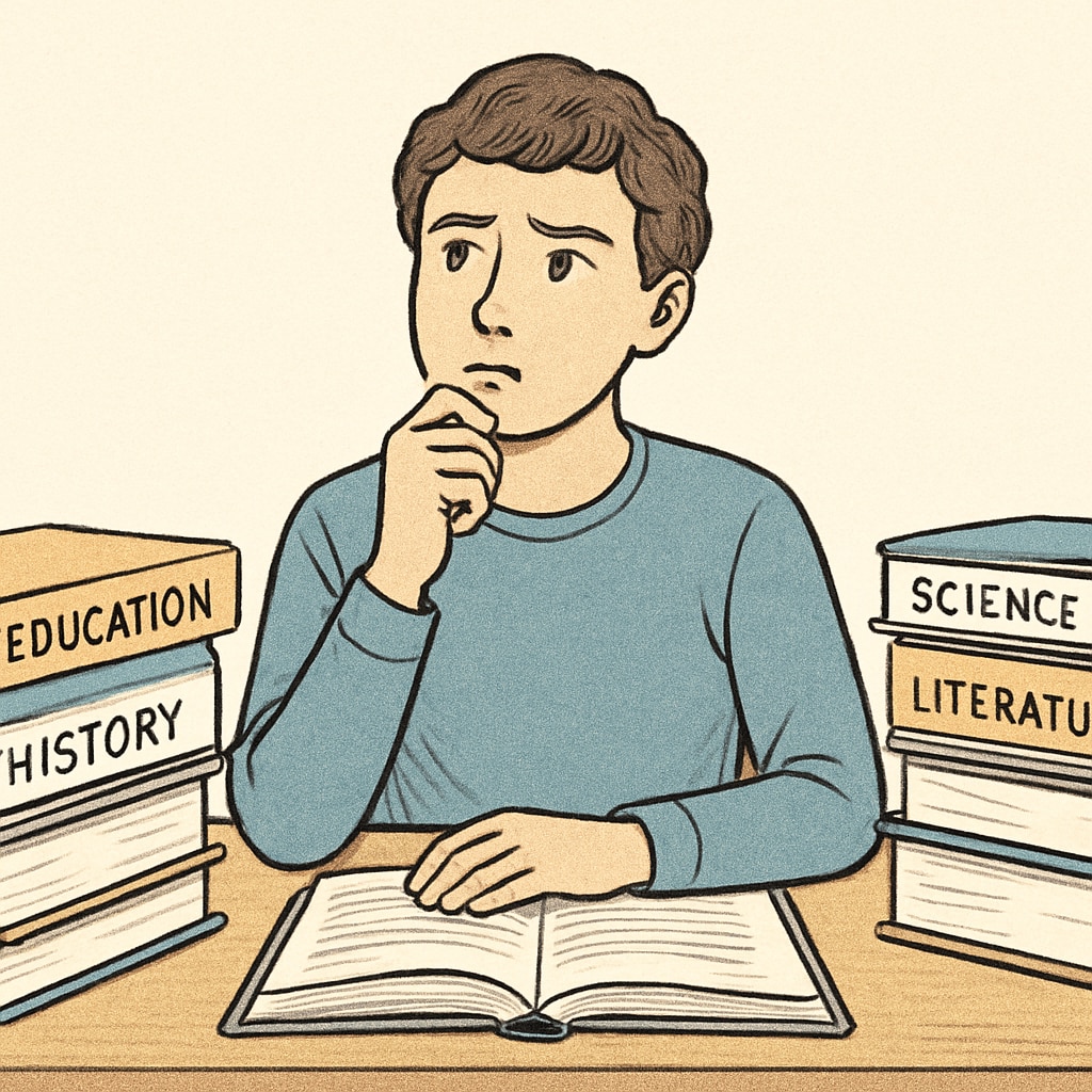 A student sitting at a desk surrounded by textbooks, looking contemplative about their education choices. A student reflecting on their educational options after receiving low A-Level results.