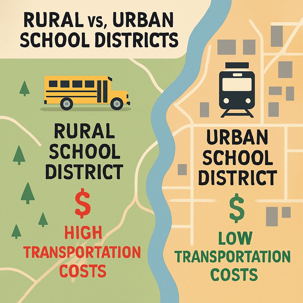 A map showing rural and urban school districts, highlighting the disparity in transportation costs. Visual comparison of rural and urban school districts to explain differences in transportation-related spending.