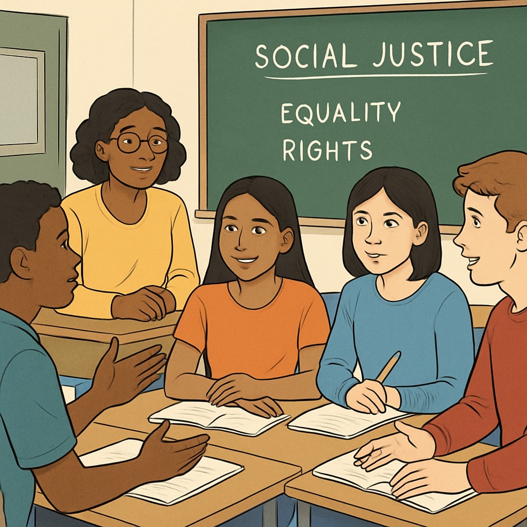 A classroom setting where diverse students are discussing social justice topics. Students discussing social justice topics in a classroom, representing wokeness in schools.