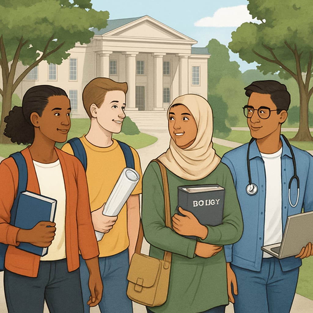A group of diverse university students walking on campus grounds, representing various educational options. University students representing educational pathways, including lower-ranked universities and foundation programs.