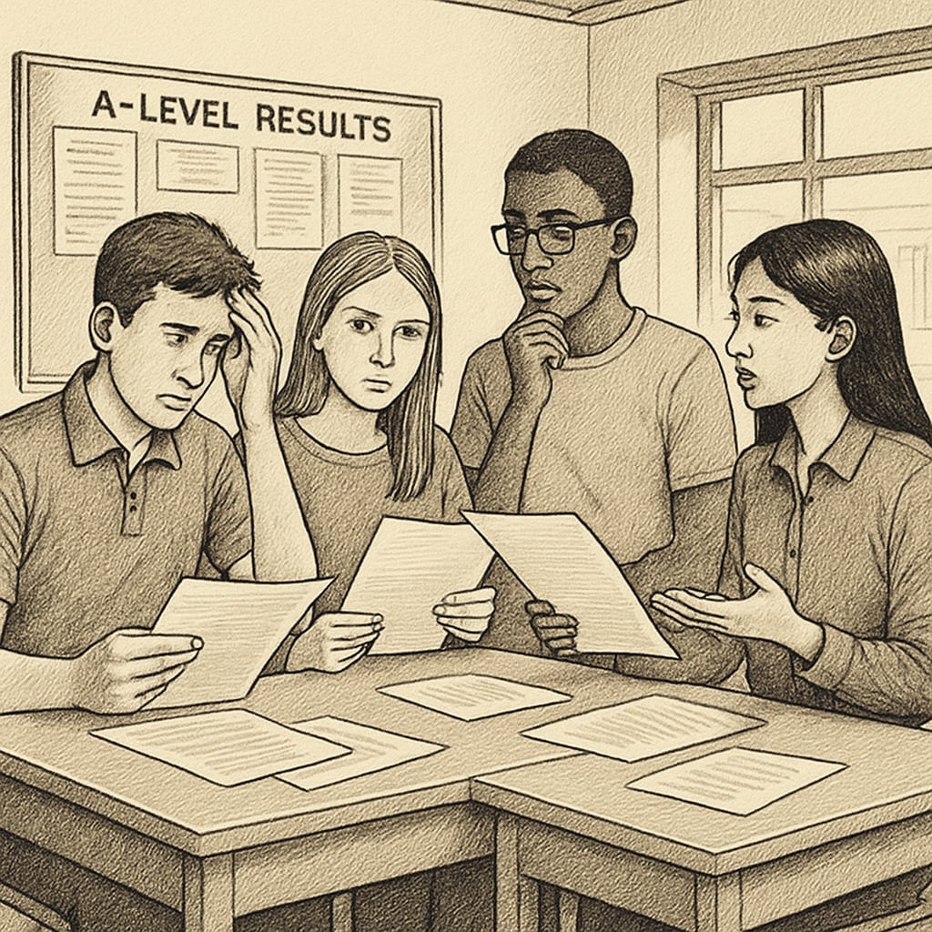 A group of students reviewing their A-level results, some looking concerned while others discuss their next steps. Students assessing their A-level scores and evaluating educational options.