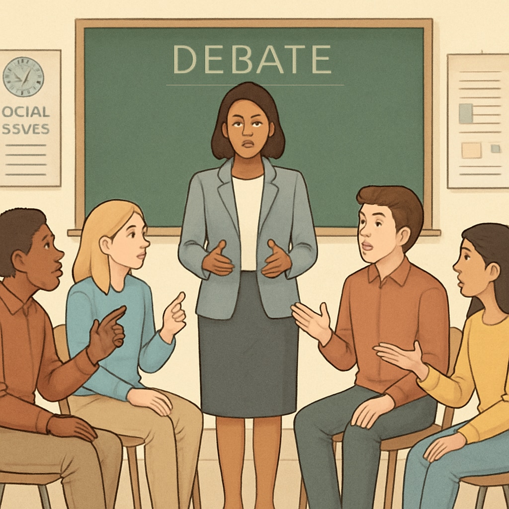 A teacher moderating a debate between students with varying opinions on social issues. A teacher moderating a classroom debate on social issues, reflecting student perspectives on wokeness in schools.