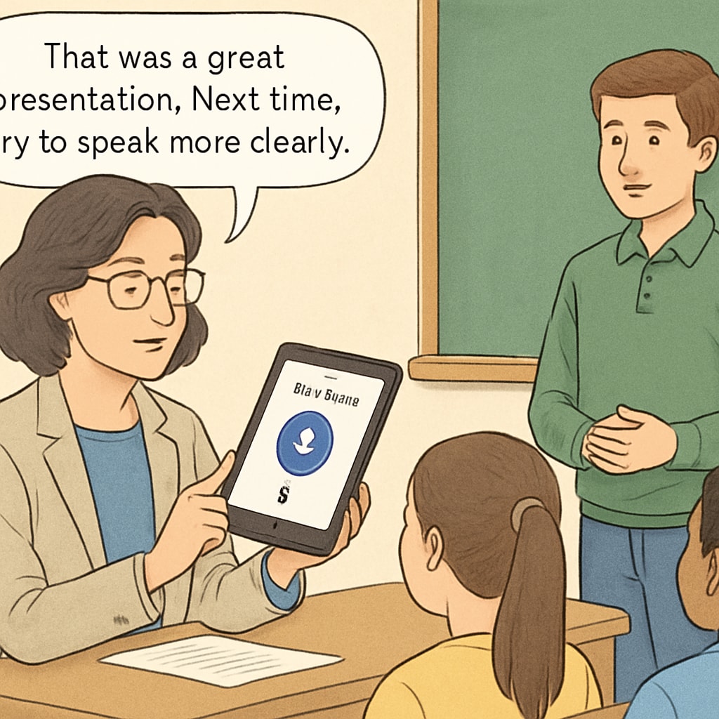 A teacher using a voice-to-text app on their tablet to give feedback on a student's presentation, promoting real-time interaction. Teacher using voice-to-text app for student feedback