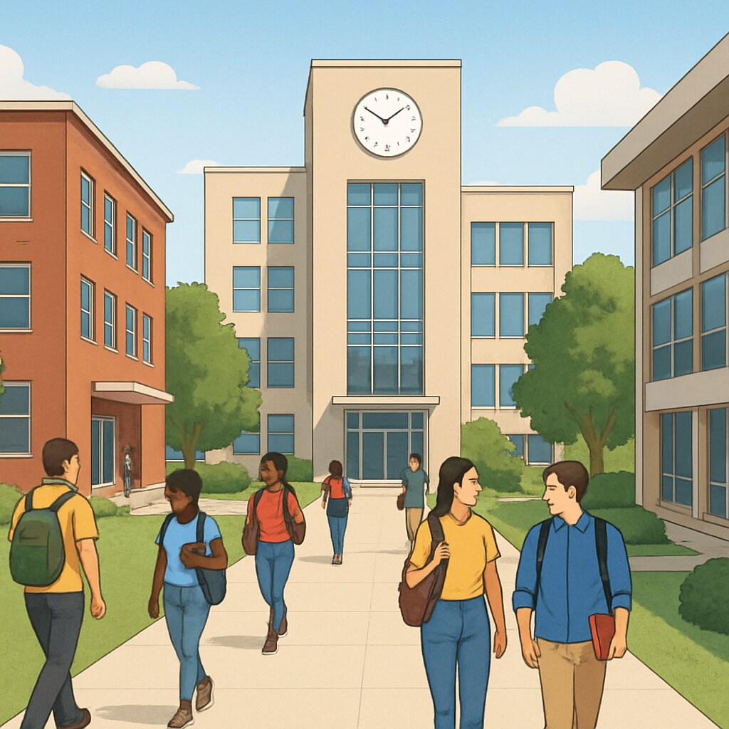 A university campus with students walking between buildings, symbolizing opportunities at lower-ranked universities. University campus representing choices for students with lower A-level results.