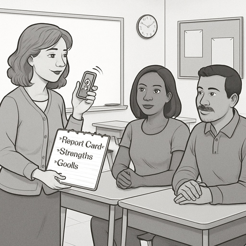 A classroom scene where a teacher is using a voice-to-text device to record key points during a parent-teacher meeting. Teacher using voice-to-text device in a classroom setting
