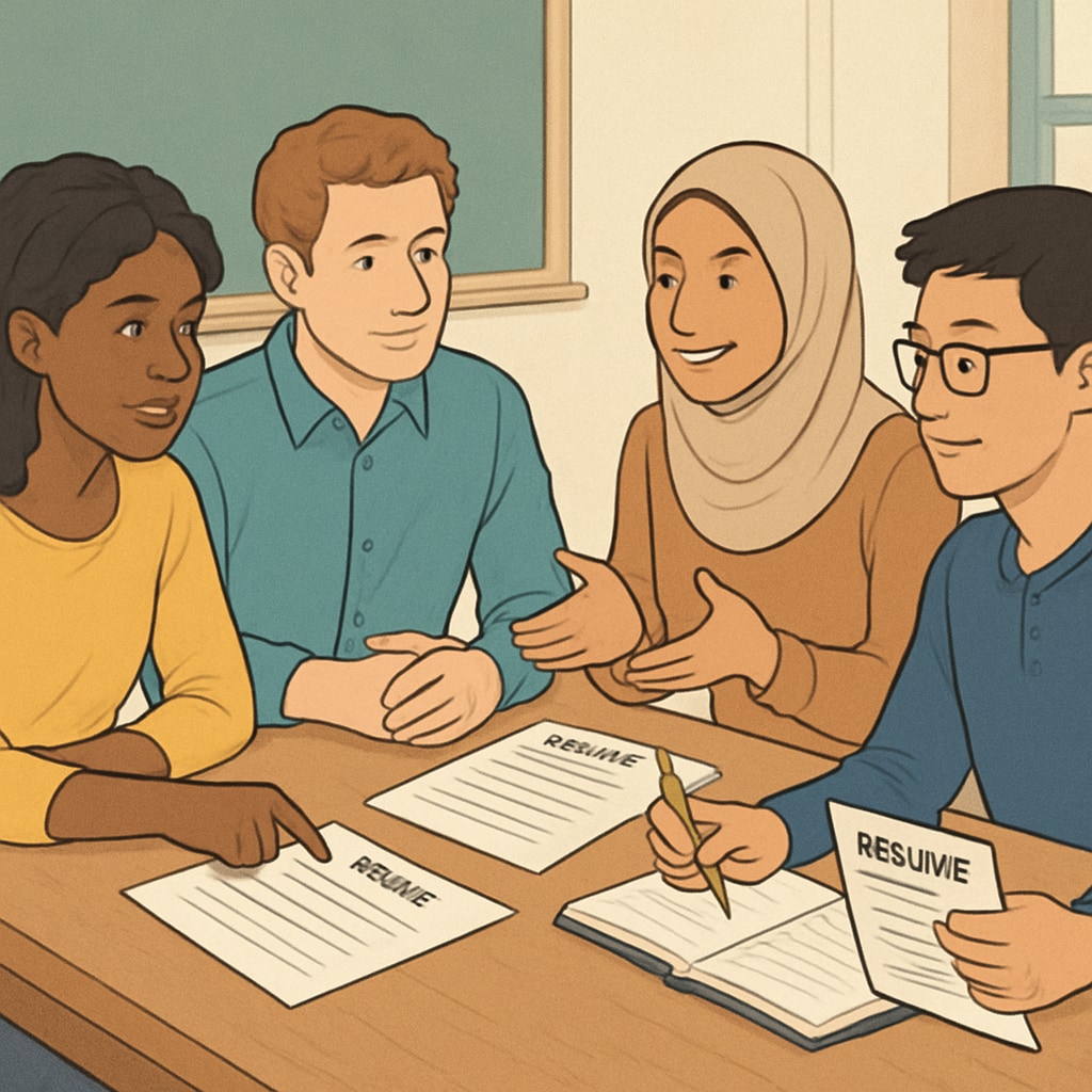 A diverse group of students discussing resumes, symbolizing international collaboration. Students reviewing cross-cultural resumes, inspired by Canada’s holistic education.