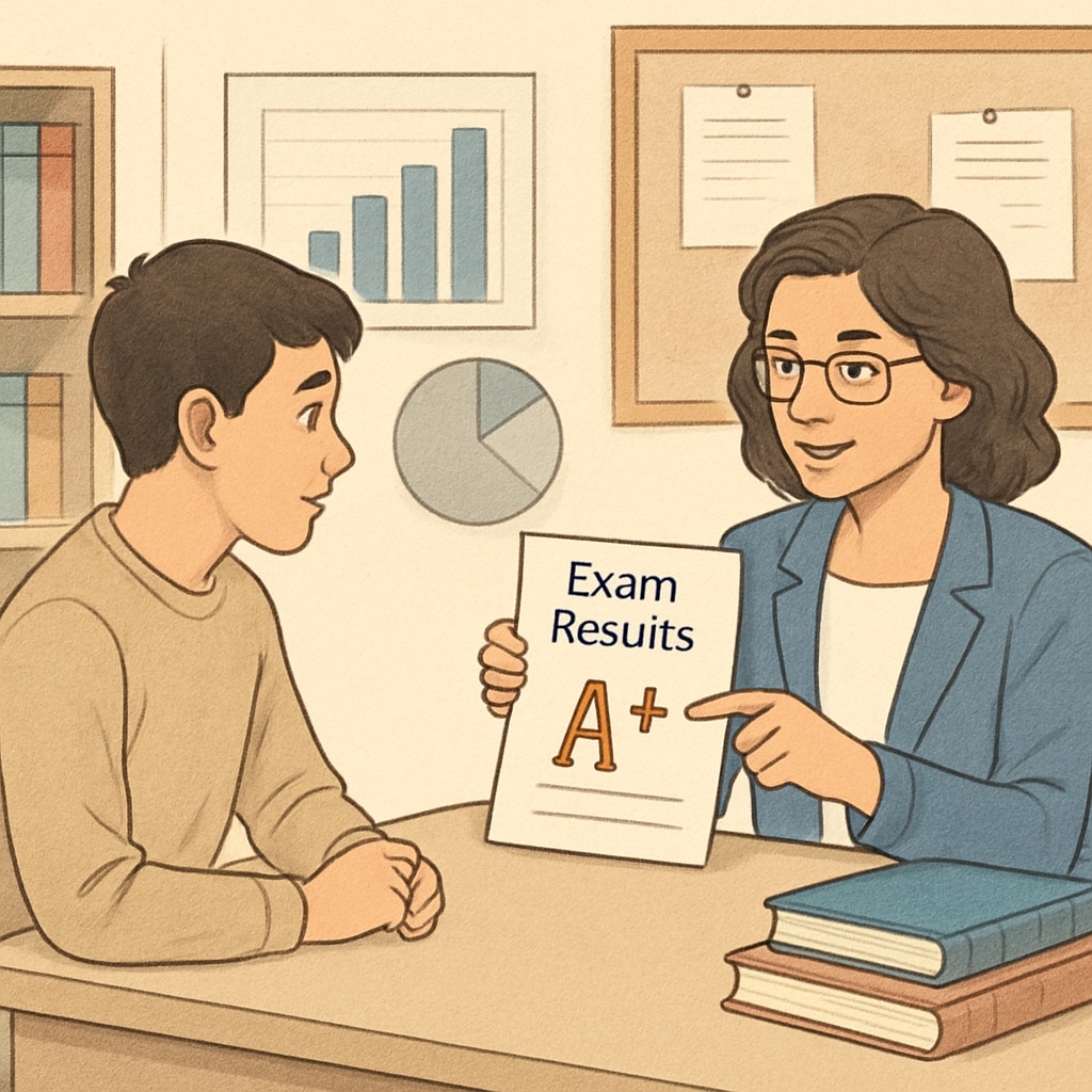 A student reviewing their exam results with a counselor, symbolizing education path choices. A student reviewing their A Level exam results with a counselor to discuss education options.