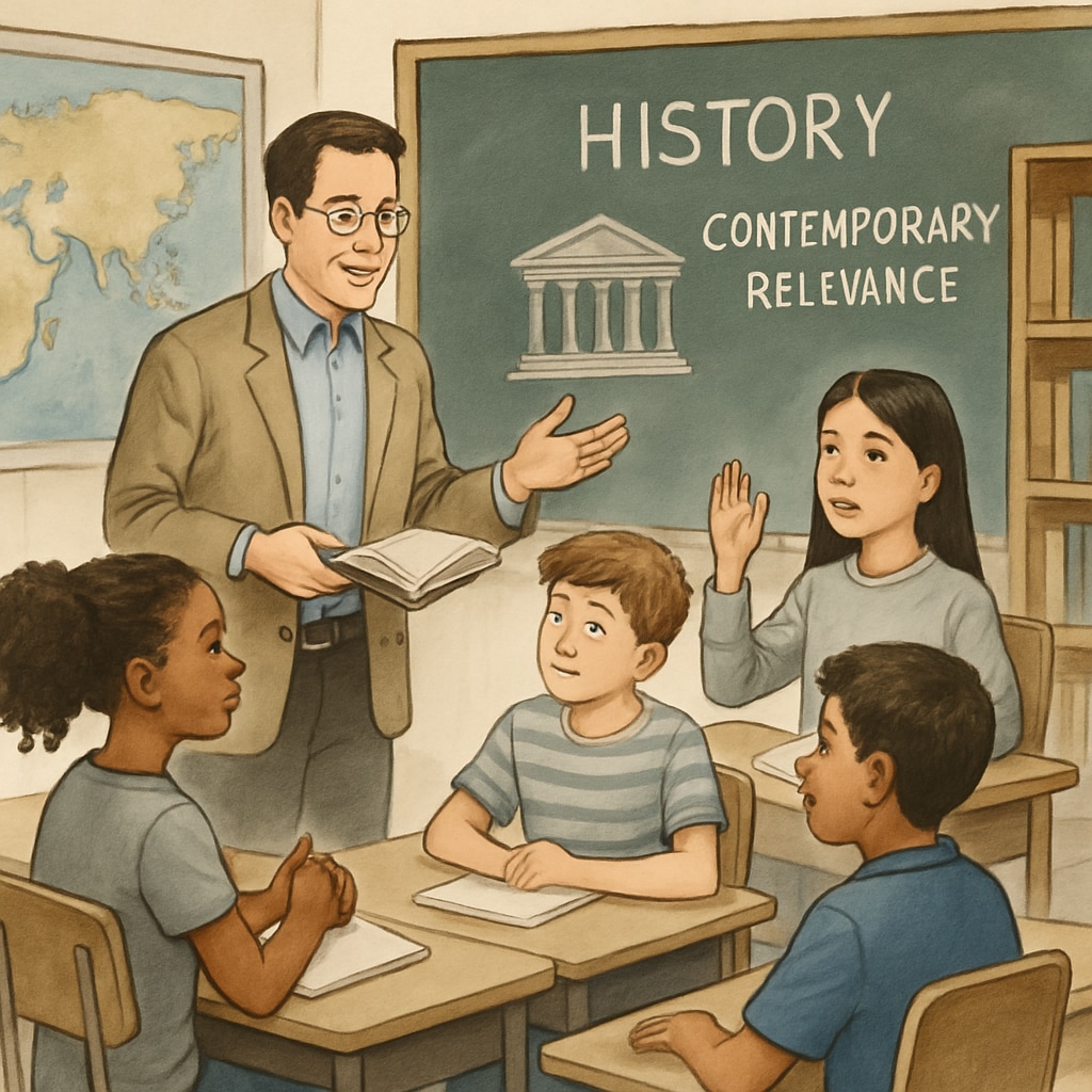 A teacher leading a diverse group of students in a classroom discussion about historical events and their contemporary relevance. A teacher discussing historical events with diverse students, representing inclusivity in education.