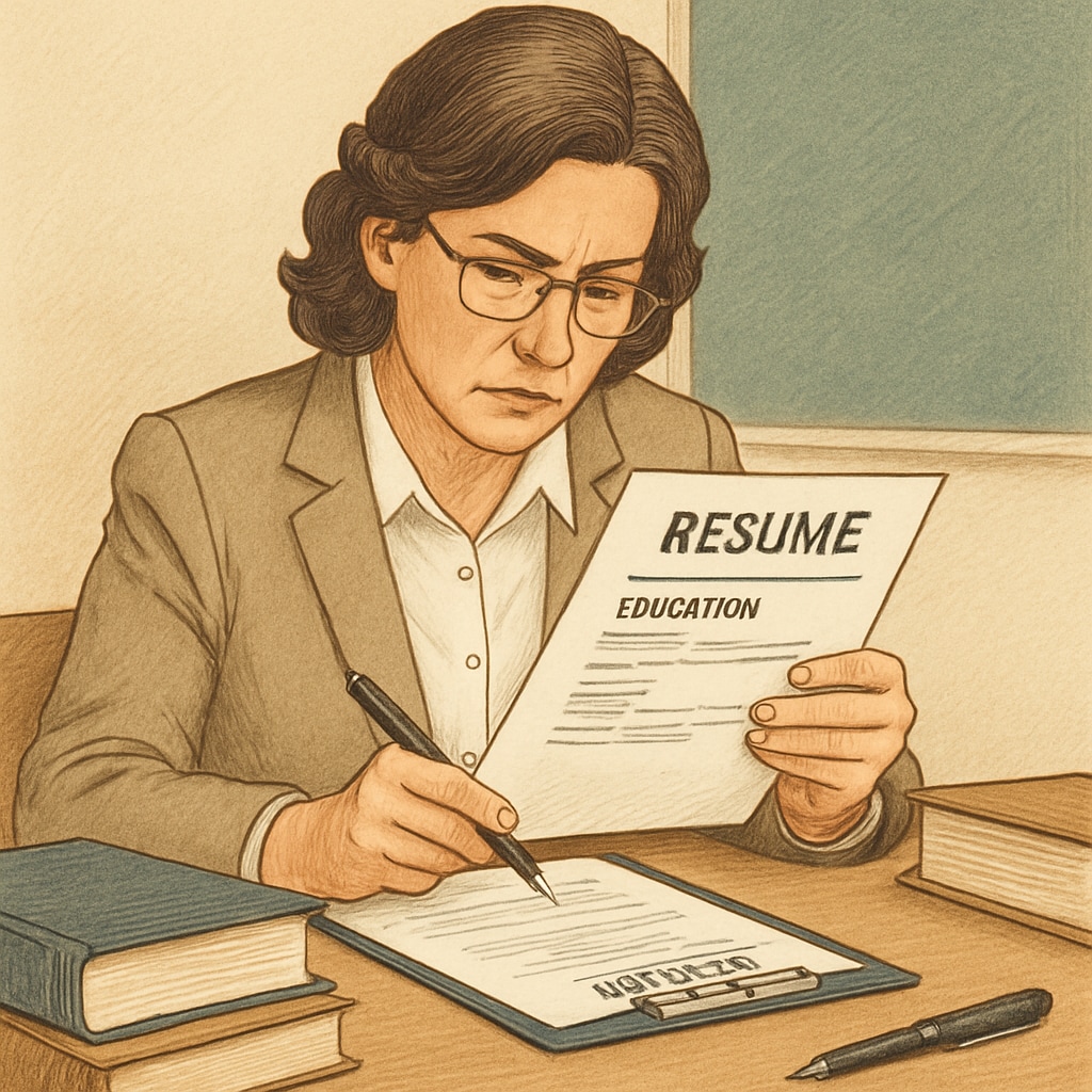 A professional teacher reviewing a resume with a focus on educational qualifications. A teacher reviewing a resume for Canadian K-12 education opportunities.