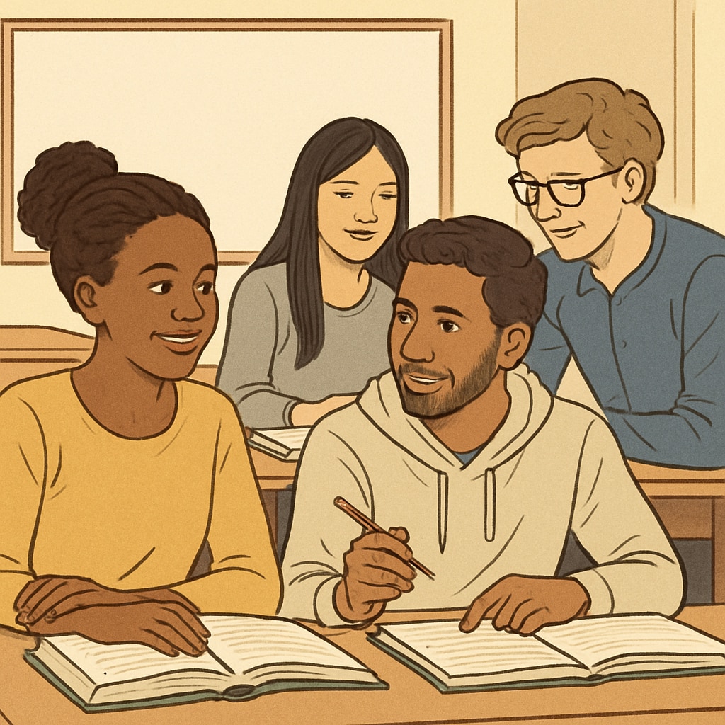 A group of international students in a classroom, representing foundation courses abroad. International students attending a foundation course classroom abroad.