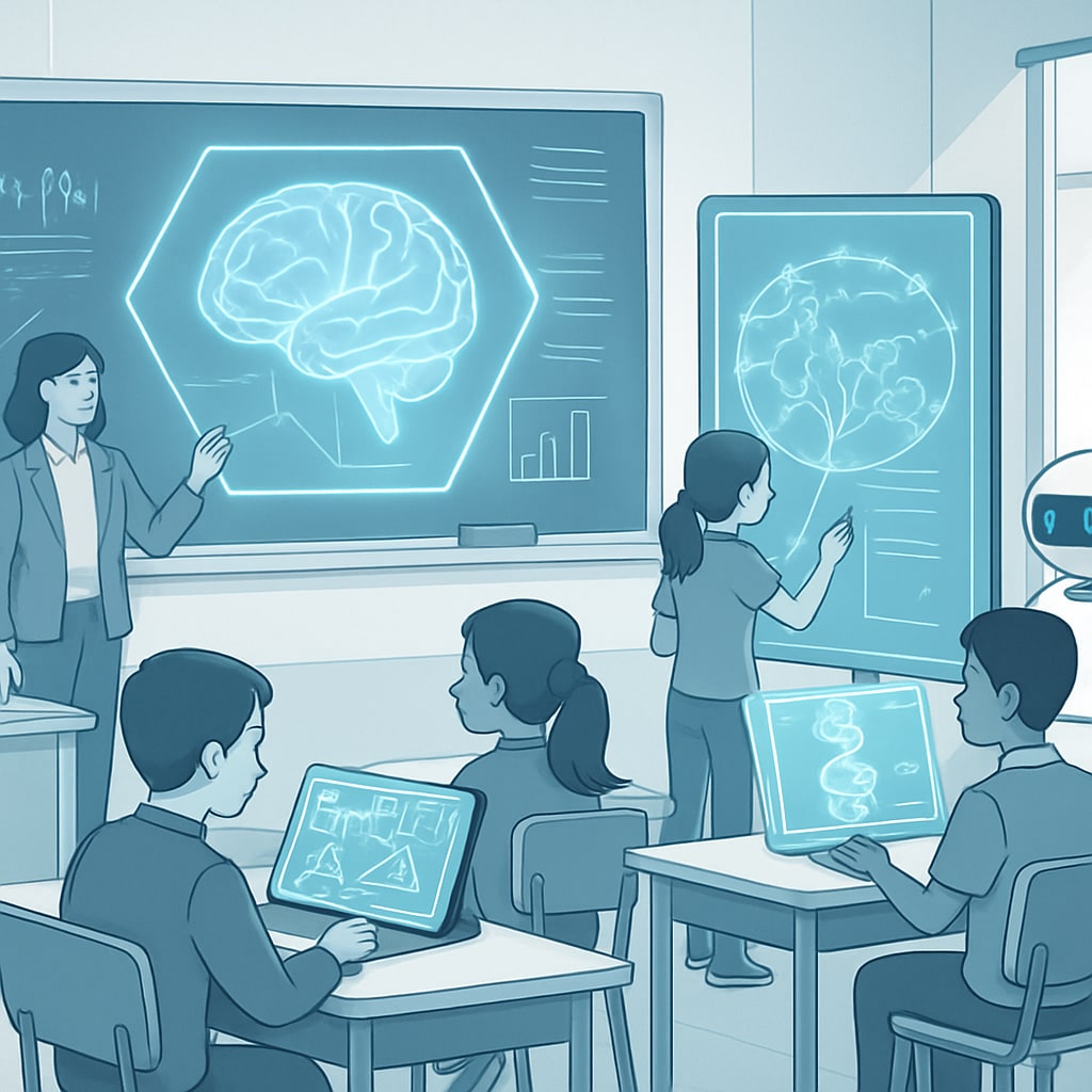 A futuristic classroom where students interact with AI-driven learning tools, symbolizing the integration of technology into education. Students in a futuristic classroom using AI tools for learning.