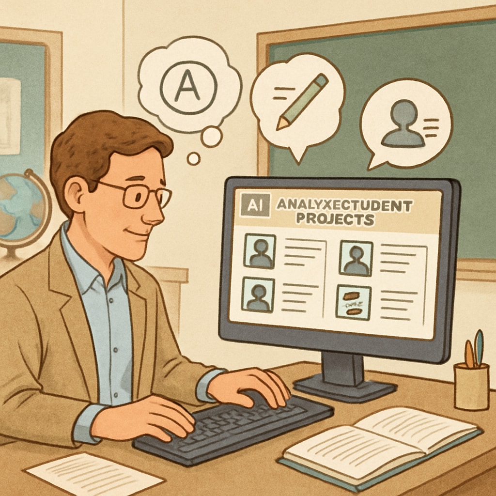 A teacher using AI software to analyze student projects and provide tailored feedback, illustrating the role of AI in personalized education. Teacher analyzing student projects with AI software.