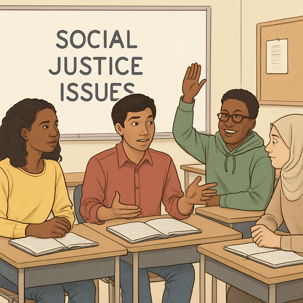 A group of diverse students engaging in a classroom discussion about social justice issues. Students discussing social justice in a classroom setting.