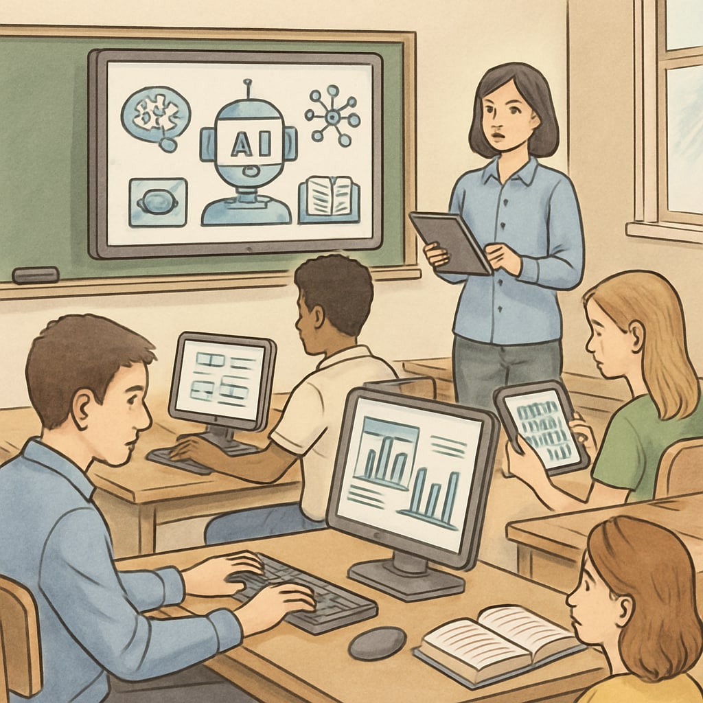 A classroom setting showing students using AI-powered tools to learn, emphasizing the role of technology in modern education. Students in a classroom utilizing AI tools to enhance learning, showcasing the future of education.