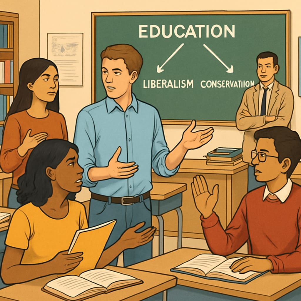 Students participating in a debate on political ideologies in education. Students debating political ideologies in schools.