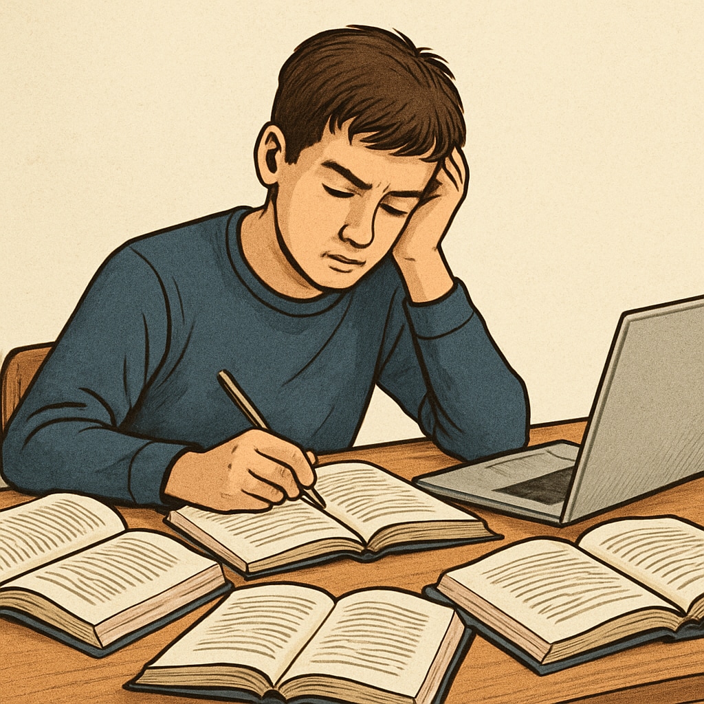 A high school student studying with textbooks and a laptop; symbolizes academic effort and focus. High school student studying for college applications and admissions.