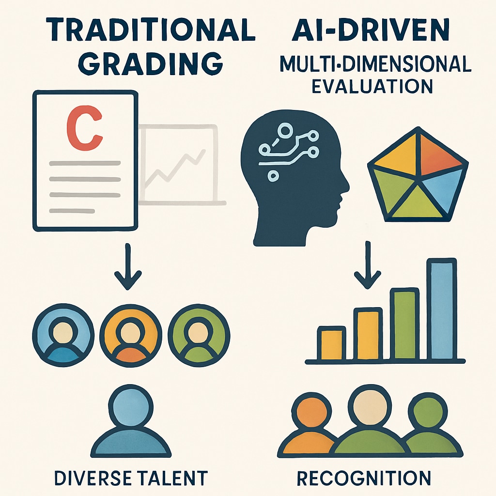 An infographic comparing traditional grading systems with AI-driven multi-dimensional evaluation methods, highlighting the benefits of diverse talent recognition. Infographic illustrating differences between traditional exams and AI-driven evaluations, promoting diverse talent recognition.