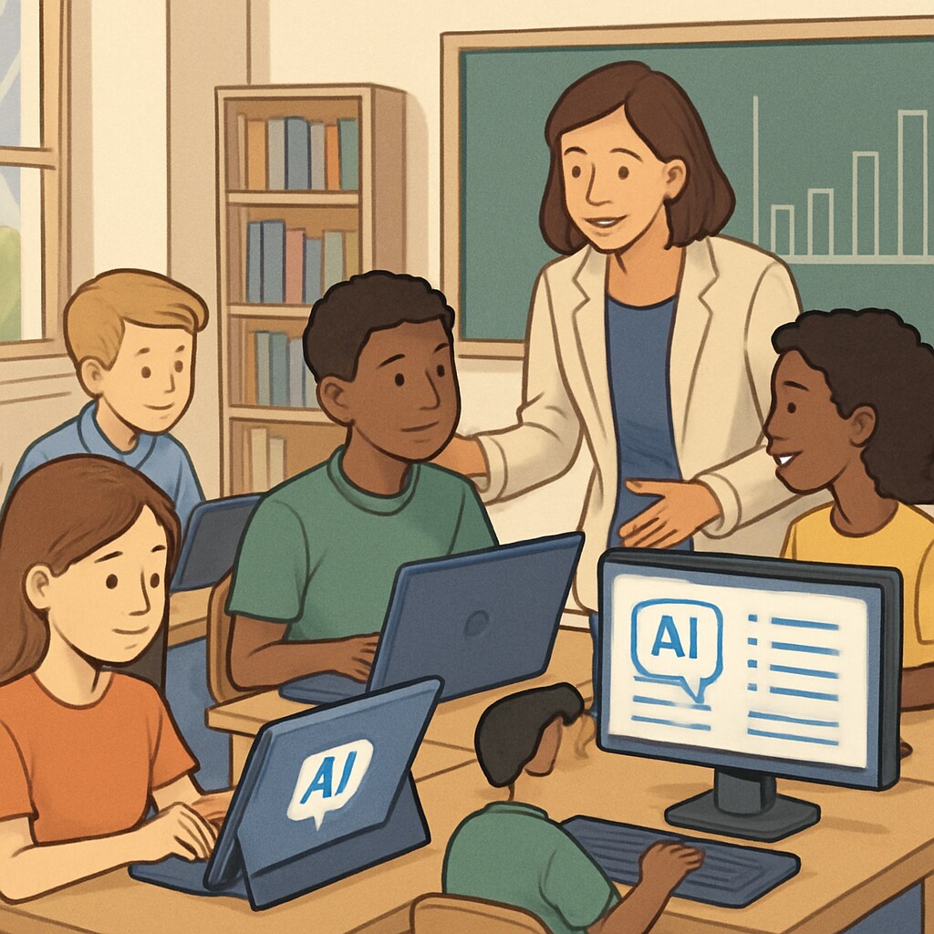 A classroom setting where students use AI-powered tools for collaborative learning, emphasizing the integration of technology in education. Students engaging with AI-powered tools in a classroom, highlighting artificial intelligence in education.
