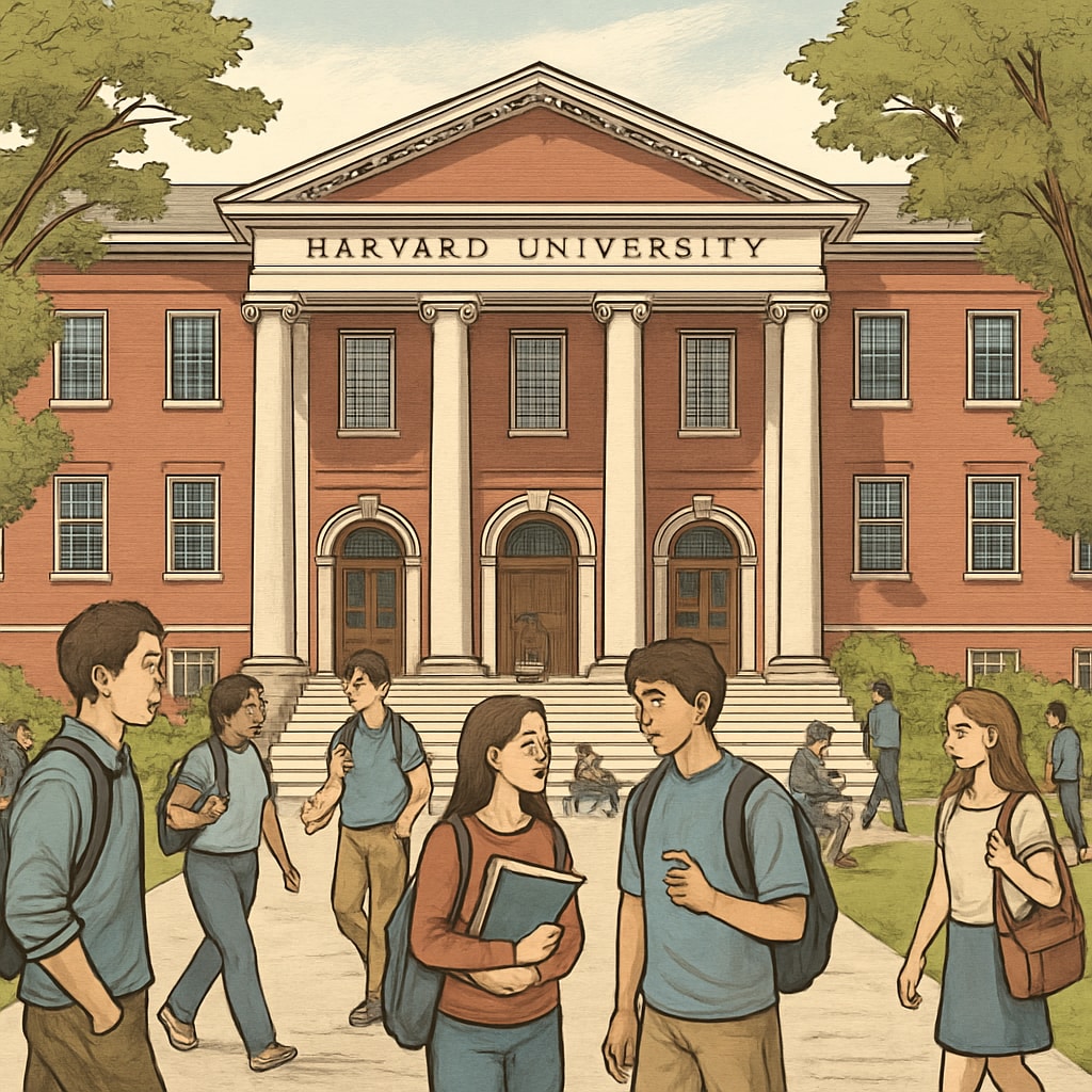 Harvard campus building with students walking around; represents the university's community and academic atmosphere. Harvard University campus with students moving around.