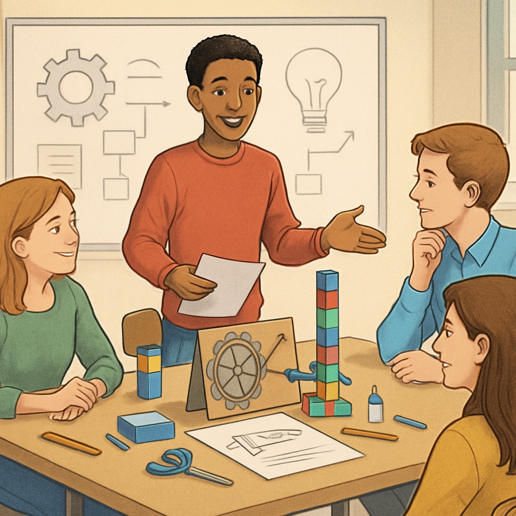 A student presenting a project to peers, showcasing creativity, teamwork, and problem-solving abilities in an educational setting. Student presenting a project, reflecting creativity and teamwork in education reform.