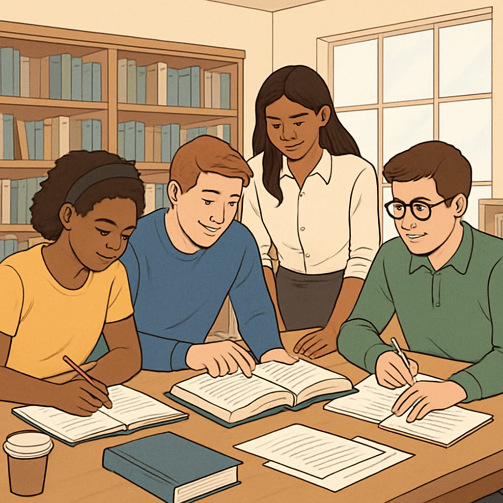 A conceptual image of students studying collaboratively in a library, symbolizing holistic education principles. Students collaborating in a library, representing holistic education principles.