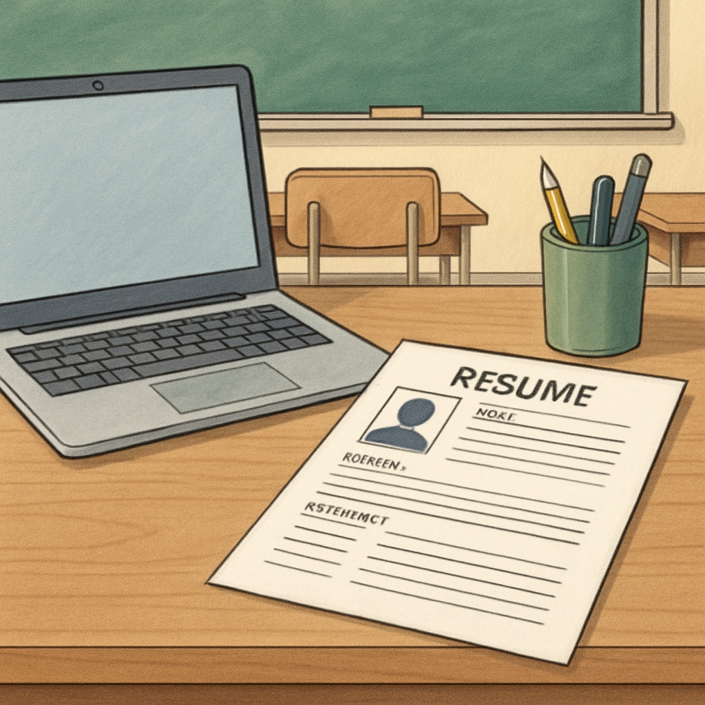 A close-up of a teacher’s desk with a laptop and a well-organized resume draft, symbolizing the importance of preparation. Canadian teacher resume draft on a desk with a laptop.