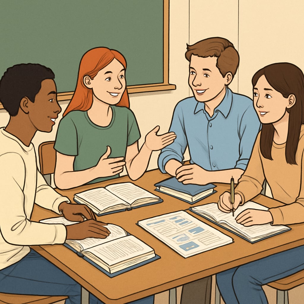 Students participating in a group discussion or project, emphasizing collaboration and active learning principles. Students engaged in a group discussion, showcasing active and collaborative learning.