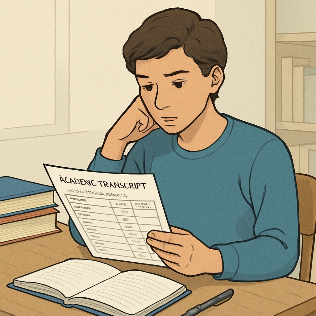 Student reviewing transcript with a focus on a C+ grade and retake options.