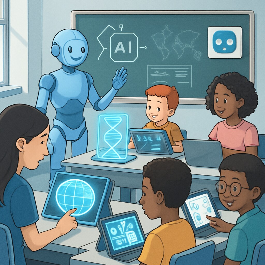 A conceptual image showing a futuristic classroom with AI-powered tools assisting diverse students, symbolizing the integration of AI in education. AI in education, depicting a futuristic classroom with diverse students.