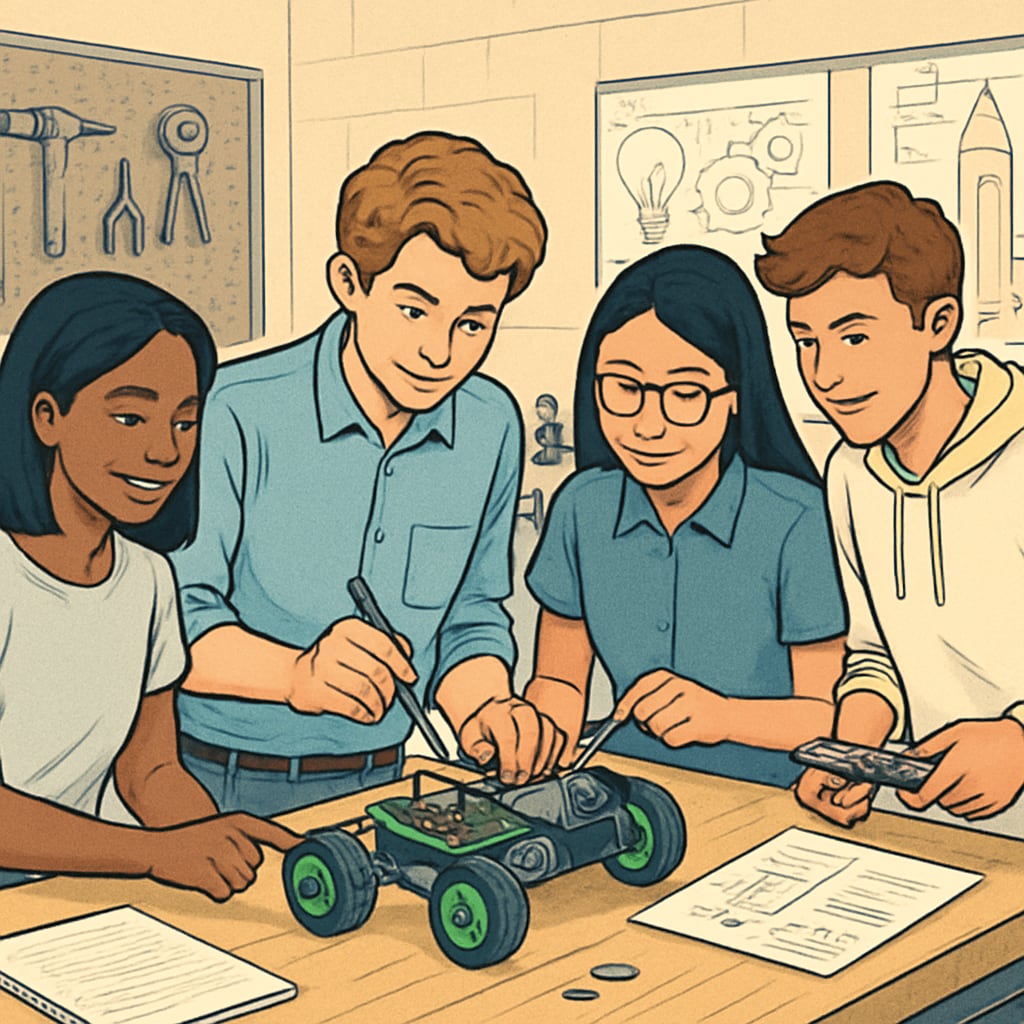 A group of high school students collaborating on a STEM project in a workshop setting, demonstrating teamwork and problem-solving. High school students working on a STEM project as part of extracurricular learning.