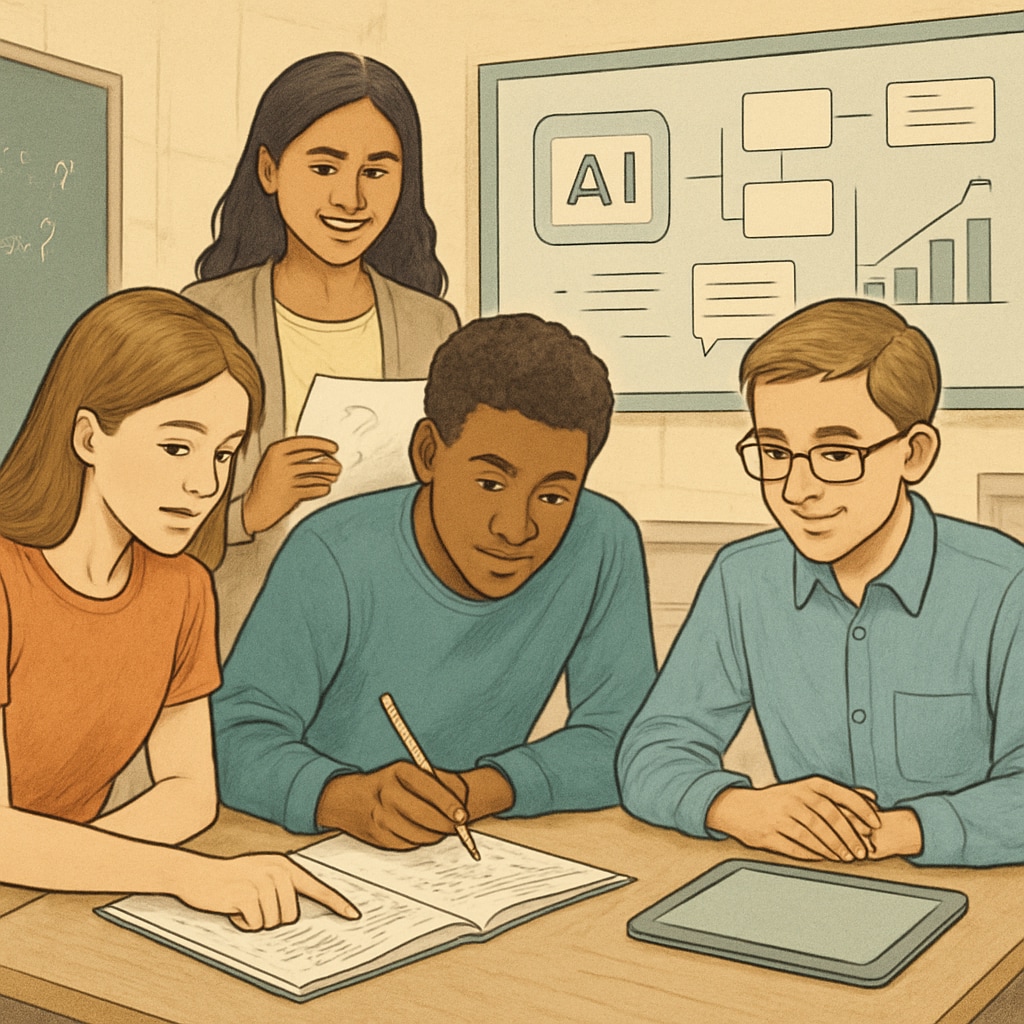 An image depicting students engaging in collaborative problem-solving activities, with AI tools in the background facilitating the process. Collaborative learning with AI tools in the background.
