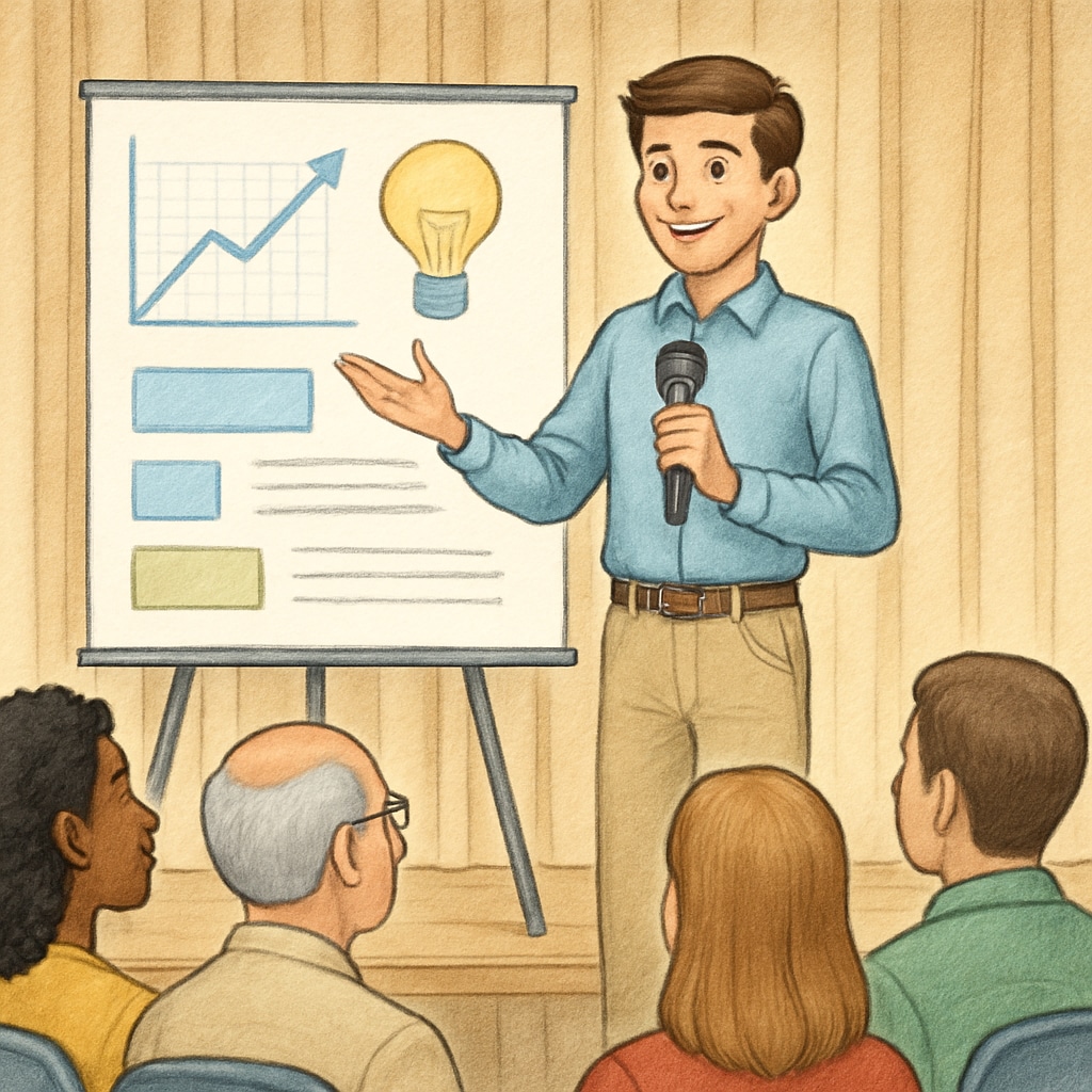 A high school student presenting a project to an audience at a community event, showcasing public speaking and leadership skills. High school student giving a presentation as part of a community event.