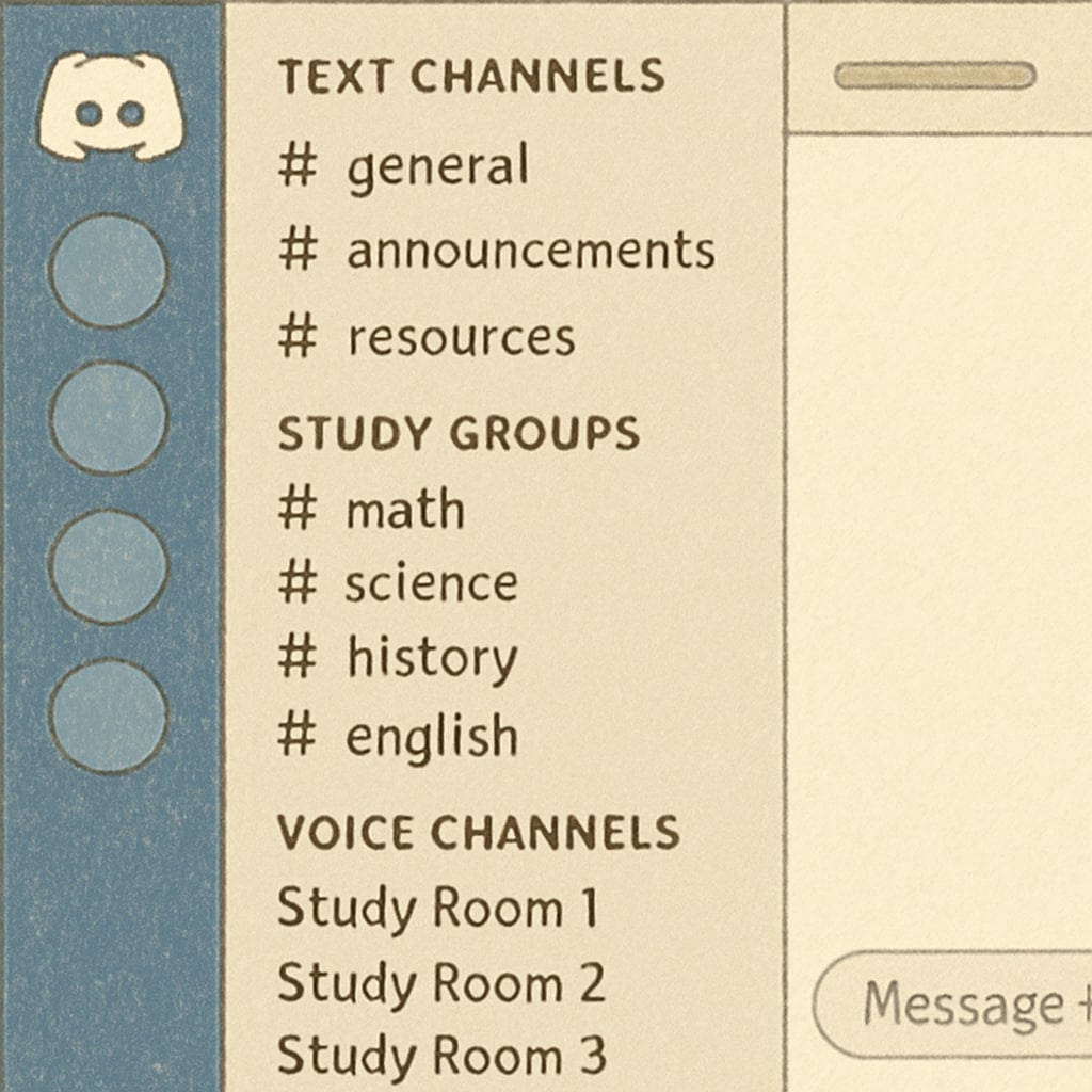 Discord server interface used for study groups with labeled channels for collaboration.