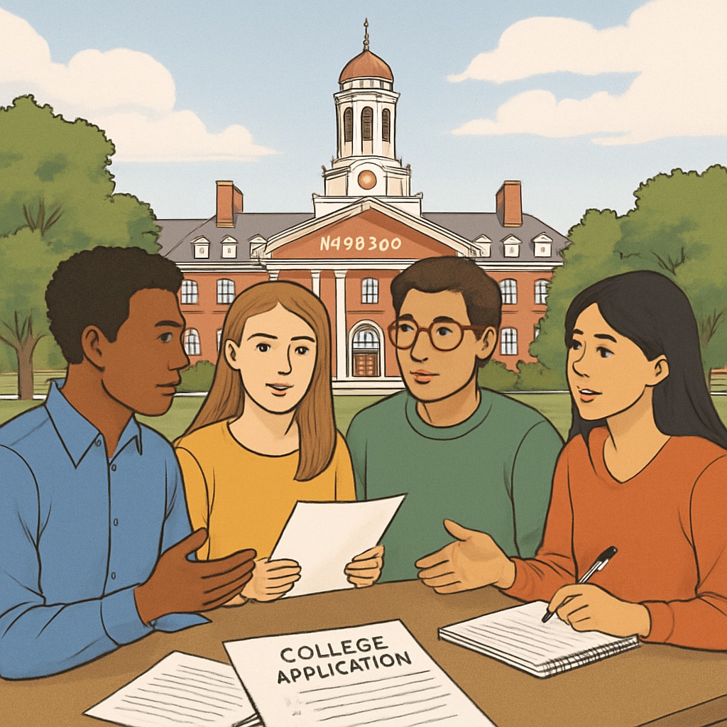 Students discussing college applications in front of Harvard University.