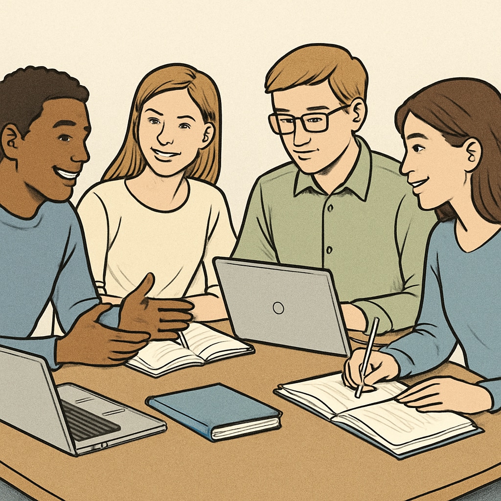 Students in a study group collaborating with laptops and notebooks.