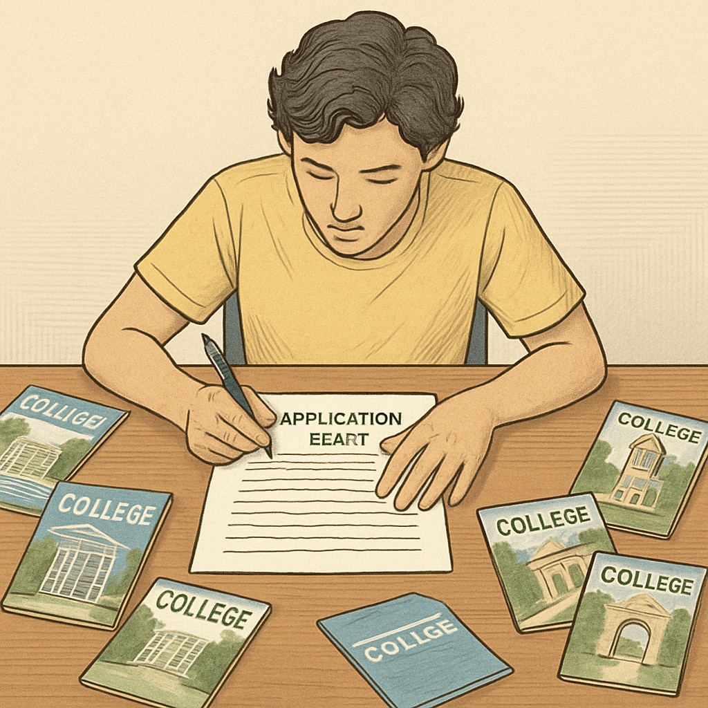 Student writing an essay for college applications with brochures around.
