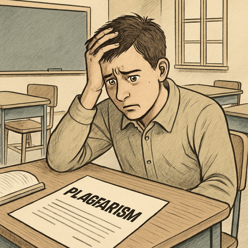 A distressed student looking at a plagiarism accusation notice in a classroom setting, symbolizing the emotional toll of false accusations. Student reacting to a plagiarism accusation, reflecting unfair academic practices.