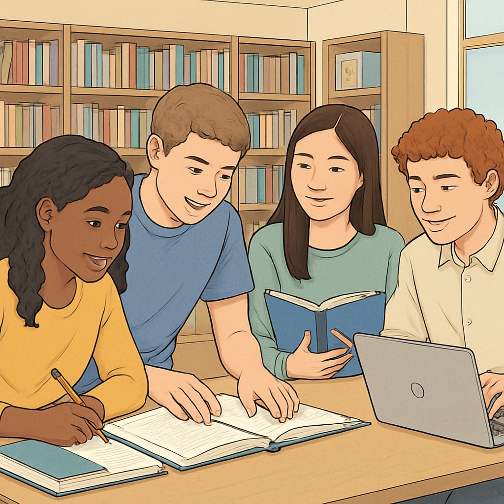 A diverse group of high school students working together on a study project in a library. High school students collaborating in a study group, related to learning communities.