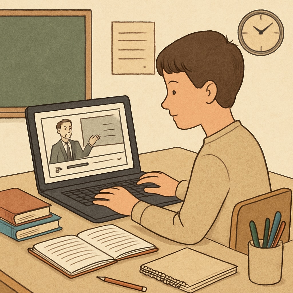 A student sitting at a desk, using a laptop to access an online learning platform. High school student using a laptop for online education resources.