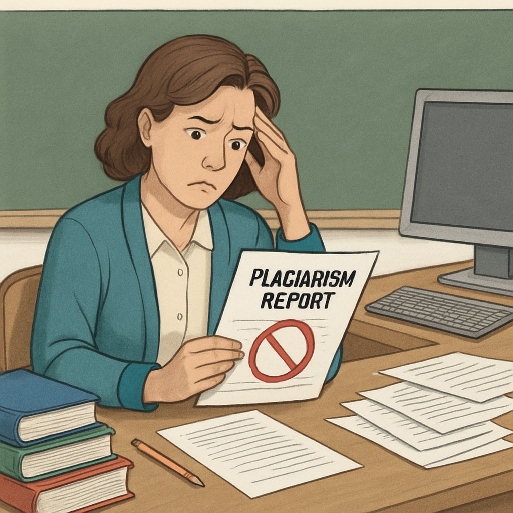Teacher reviewing a plagiarism report, addressing false plagiarism accusations.