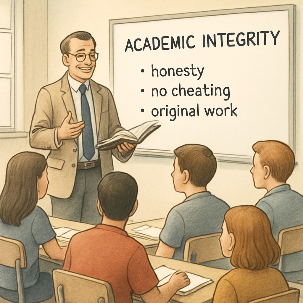 A professor discussing academic integrity with students in a classroom.