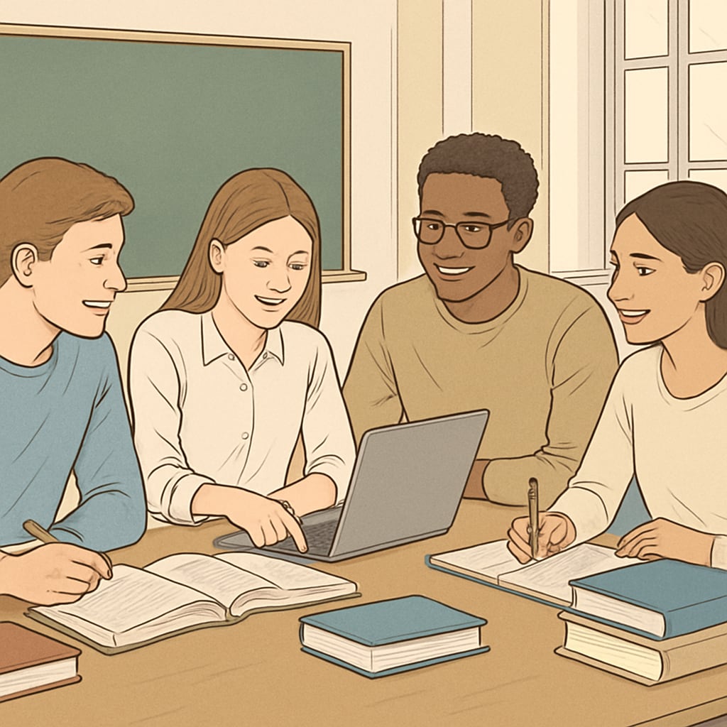 Students collaborating in a study group at a university setting, showcasing teamwork and active participation. Study groups and collaboration inspired by Houston University.