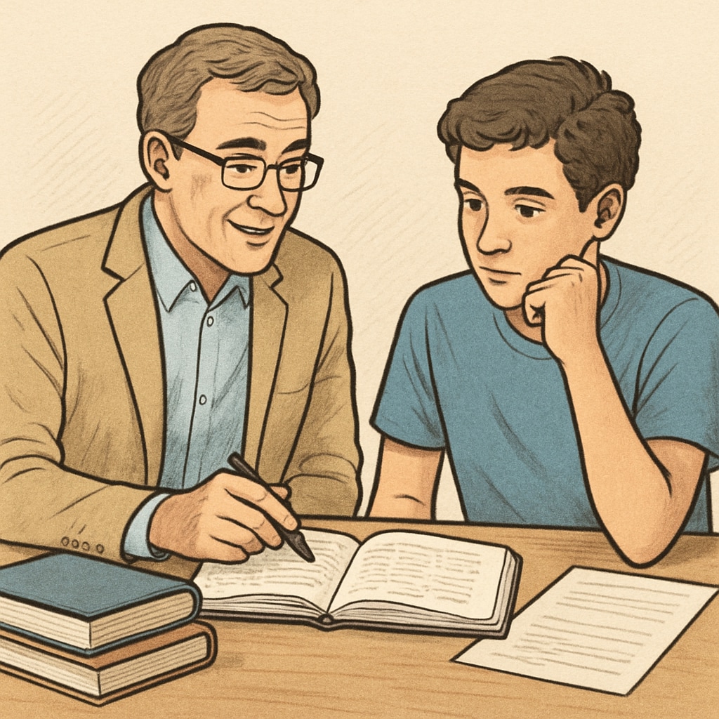 A teacher and student discussing academic work, focusing on trust-building after an accusation.