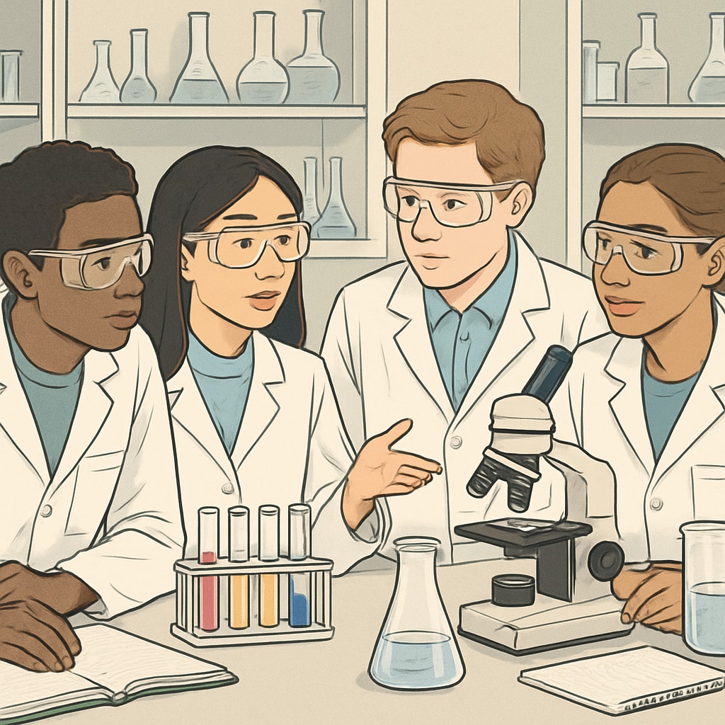 A group of diverse high school students working together in a science lab, discussing an experiment. High school students collaborating on a science project, supporting English learners.