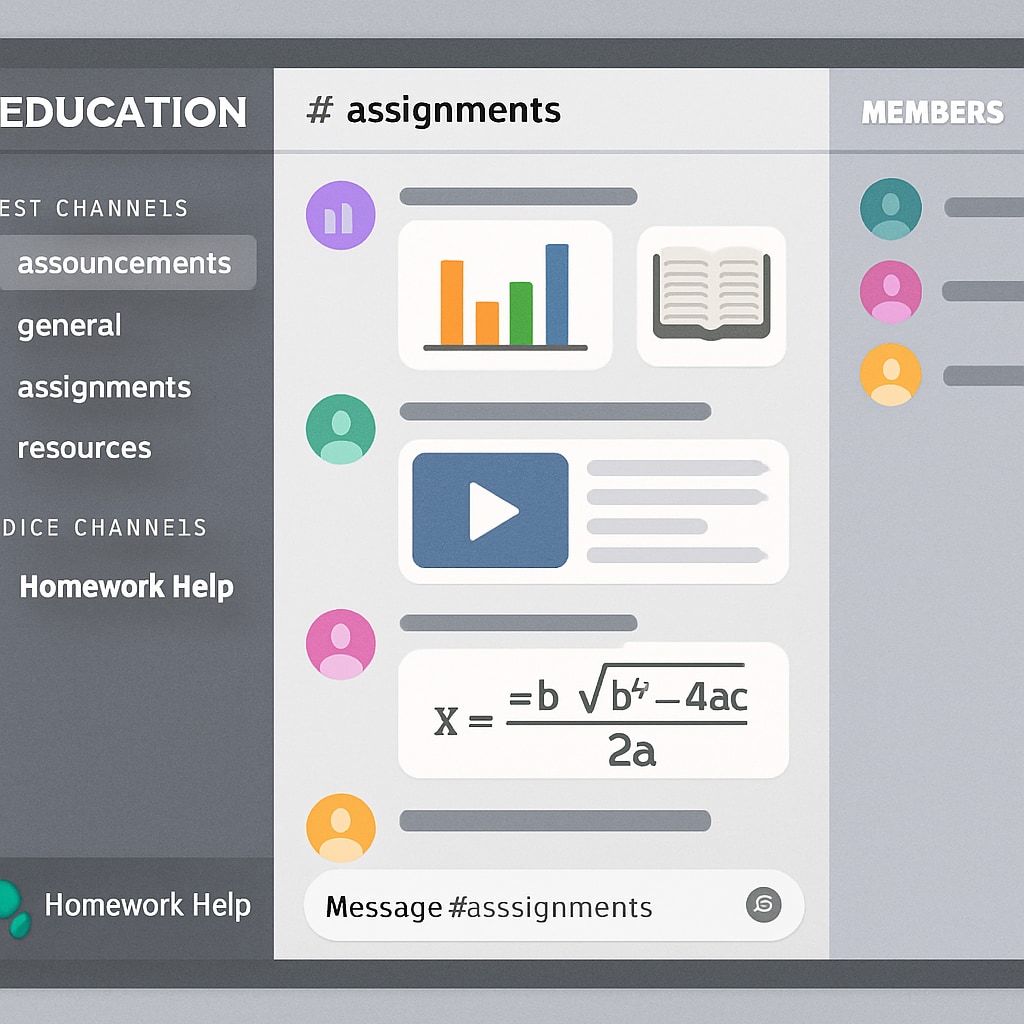 A screenshot of a Discord server being used for educational collaboration, showing organized channels and multimedia sharing. Discord platform for educational collaboration inspired by Houston University.