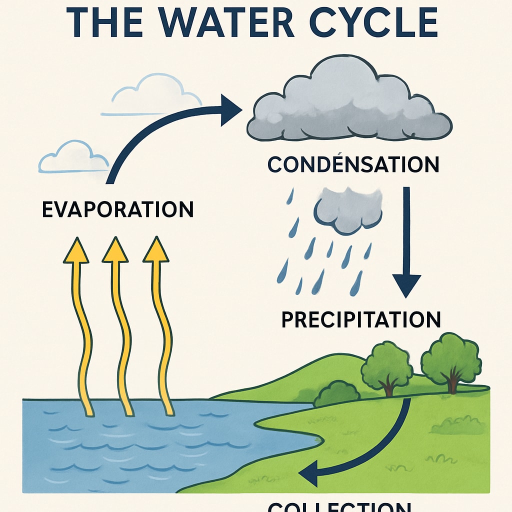A visual representation of a graphic organizer used in science education, such as a concept map illustrating the water cycle. Graphic organizer in science education to support English learners.