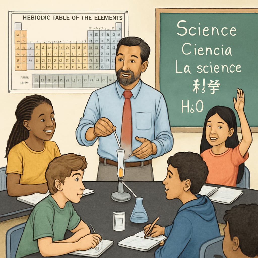 A teacher conducting a science experiment in a diverse high school classroom, showcasing language integration in science learning. Supporting English learners in science classrooms through language integration.