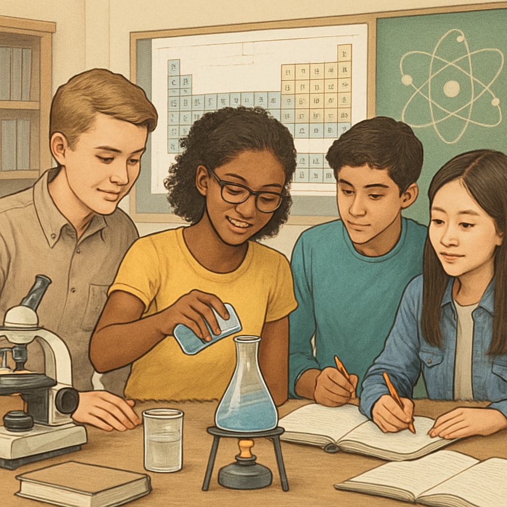 A group of diverse students working collaboratively on a science lab experiment, with visual aids reinforcing learning. Collaborative learning with English learners in science education.